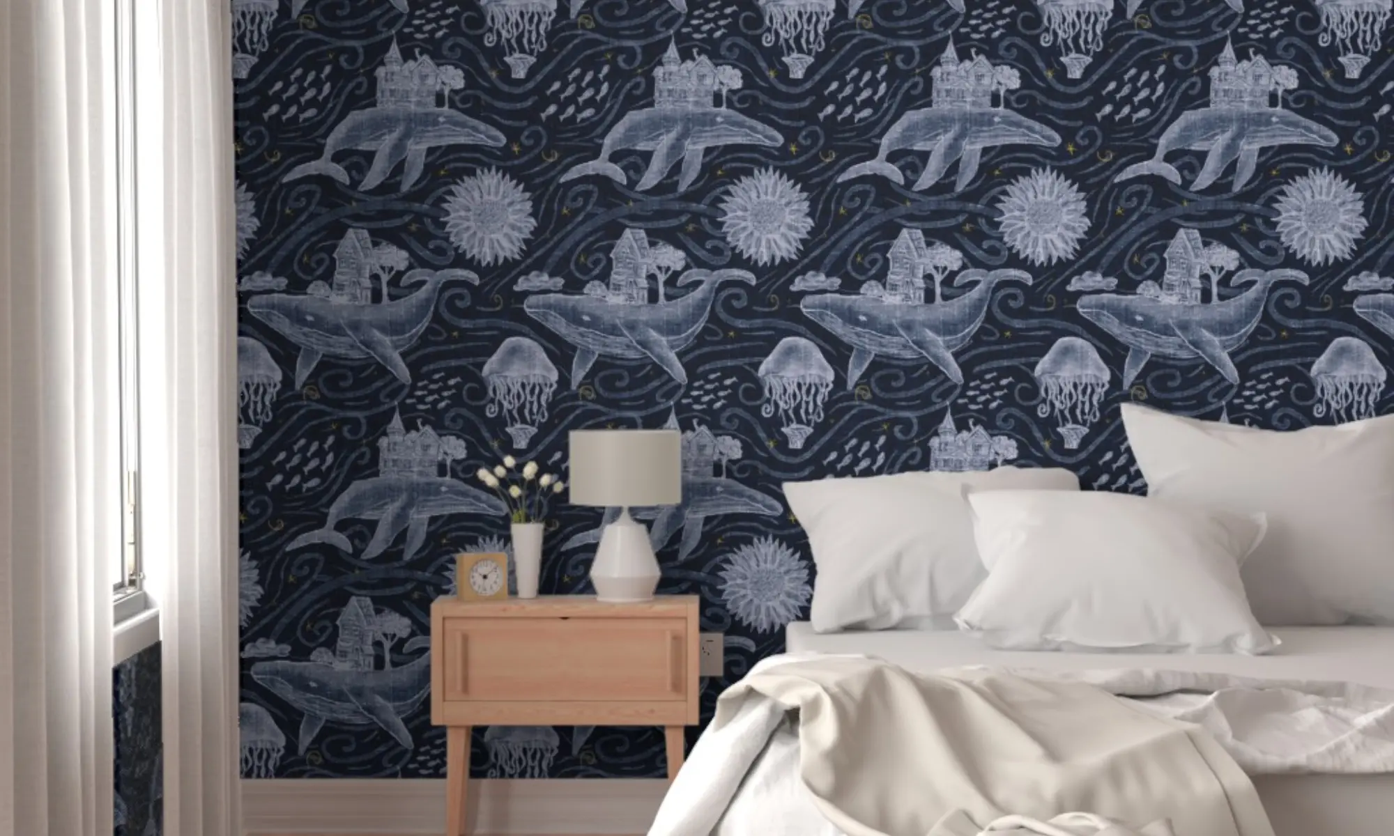 Bedroom with surreal whale design wallpaper