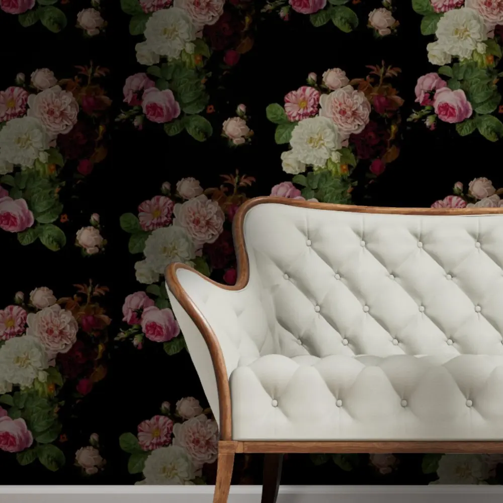 Sofa with dark moody floral wallpaper