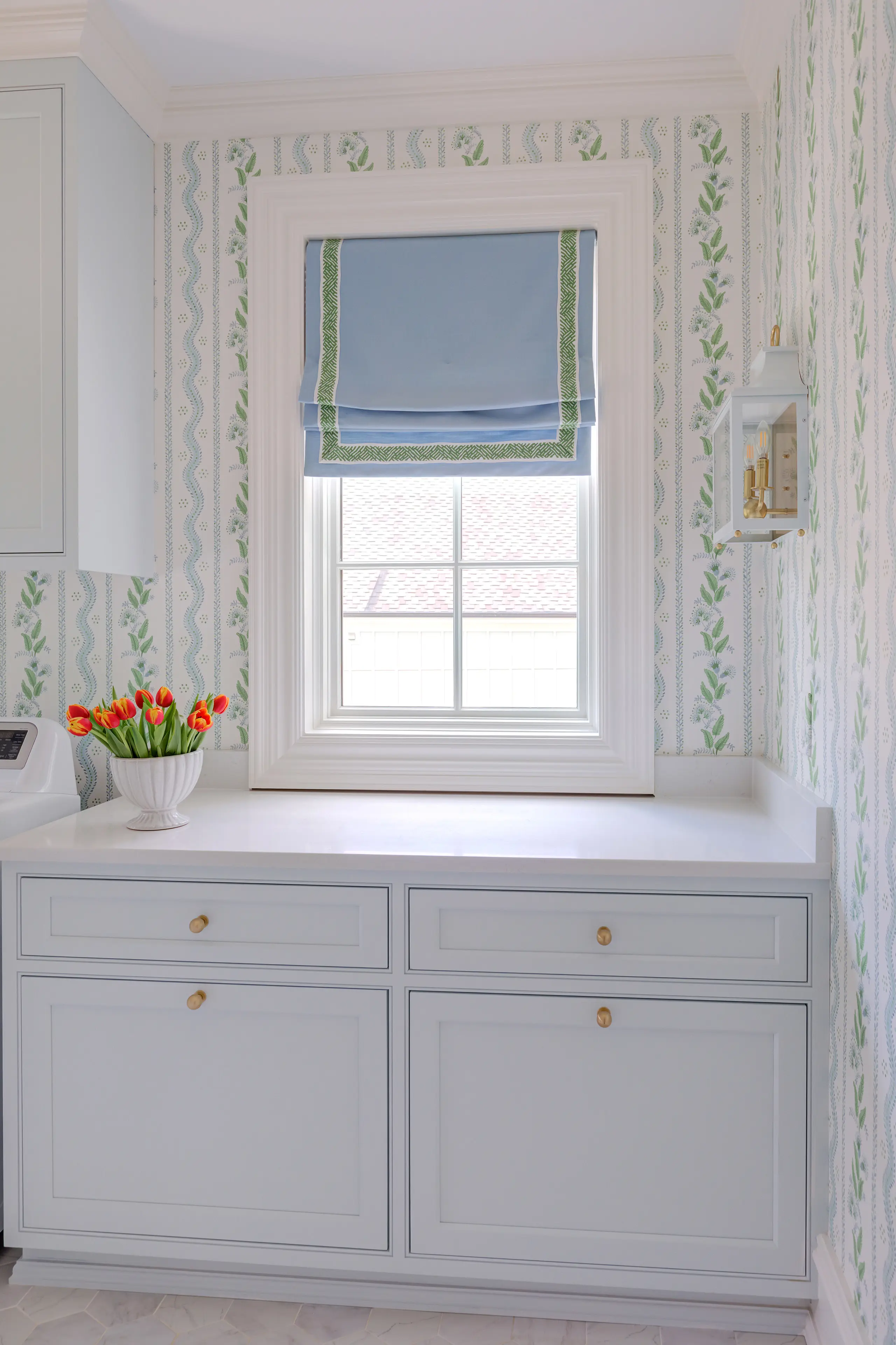 wallpapered laundry room