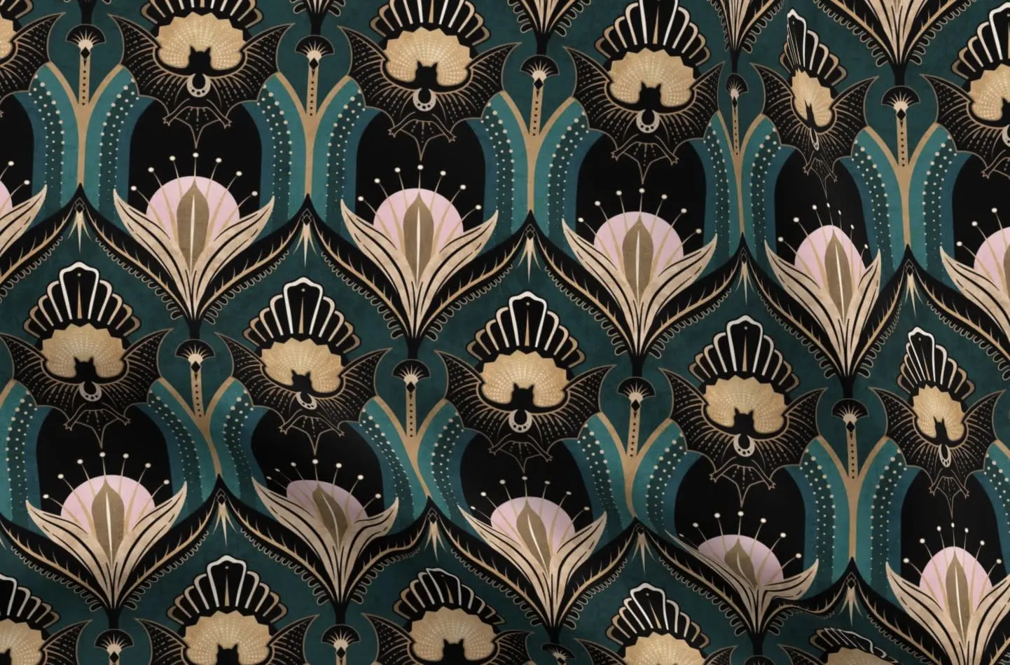 Elegant Art Deco bats and flowers - Teal, gold, black and pink - large Fabric by misentangledvision