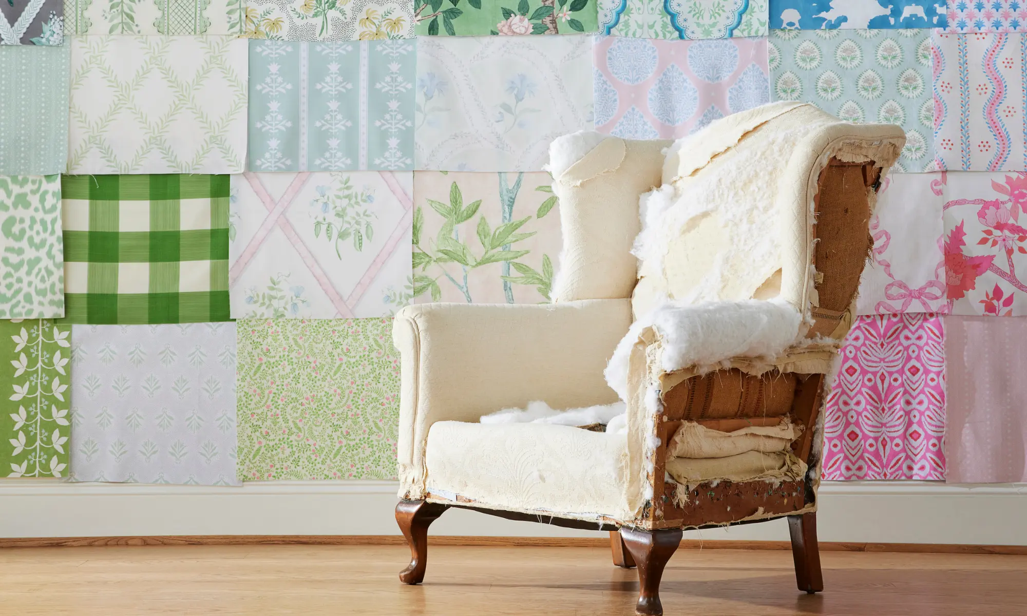 Deconstructed chair with wall of fabric samples