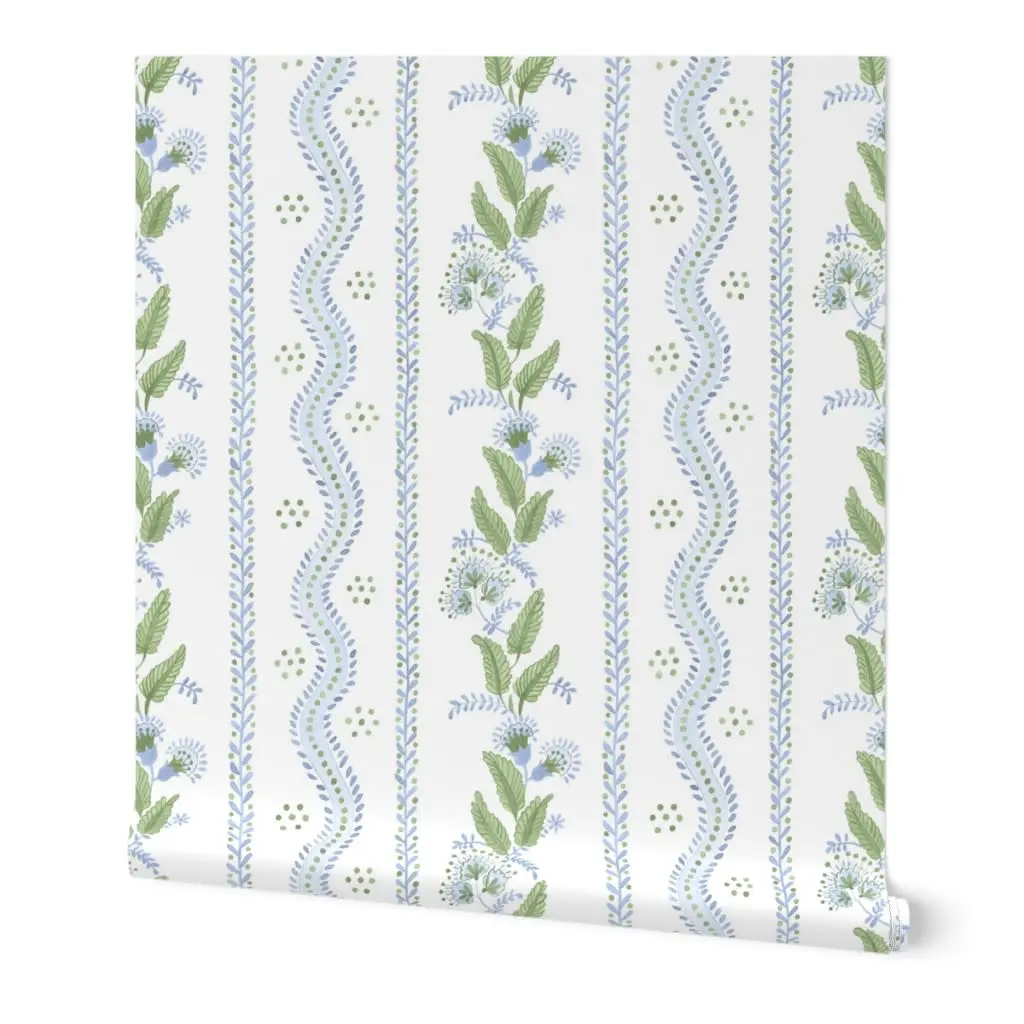 Cornflower Blue and greens on white Wallpaper by danika_herrick