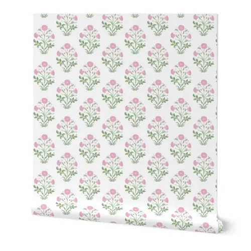 Light Pink and Green Indian Flower Block Print Wallpaper: Peel and Stick