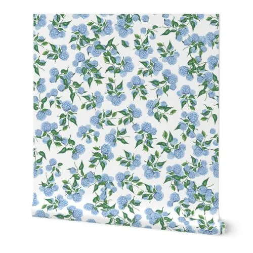 Jumbo Hydrangea Grandmillennial blue and white Wallpaper: Peel and Stick