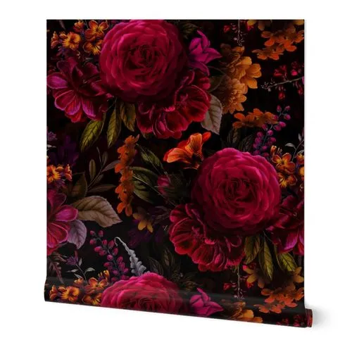 Vintage Summer Romanticism: Maximalism Moody Florals - Grand Millennial burgundy Roses and Nostalgic Gothic Mystic Night 4- Antique Botany Wallpaper and Victorian Goth Mystic inspired black Wallpaper: Peel and Stick