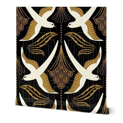 Art Deco Birds in cream on a black background with gold leaves LARGE Wallpaper: Peel and Stick