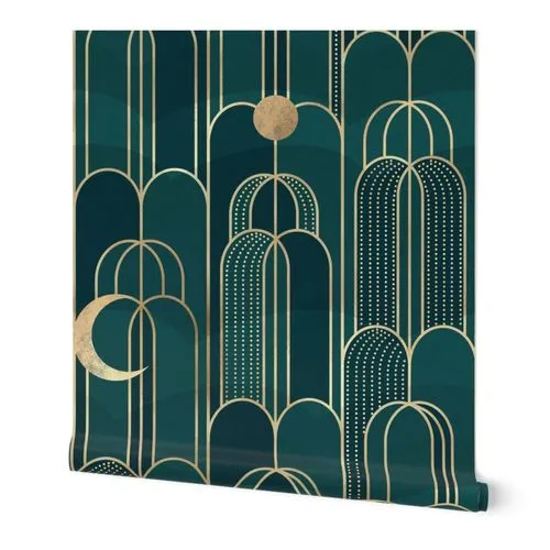 Art Deco Moon and Waterfall in Jade - Jumbo Wallpaper: Peel and Stick