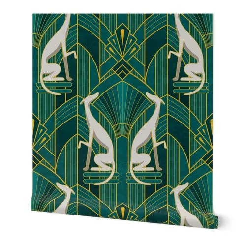 Art Deco Greyhounds_Bg Teal Wallpaper: Peel and Stick