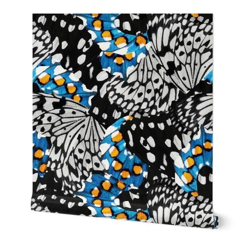 Winged spots // large jumbo scale // black and white bluebell blue and marigold orange butterfly and moth abstract animal print Wallpaper: Peel and Stick