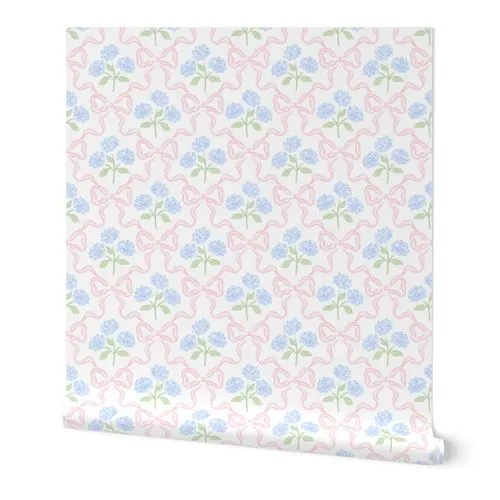 Blue Hydrangea Bouquet with Pink Bow Trellis Lattice Scallop Grand Millennial Preppy Ditsy Floral PF127D Wallpaper: Peel and Stick