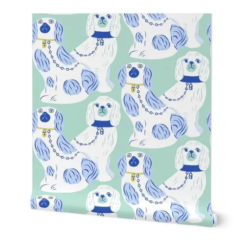 Staffordshire Dogs in Teal and Blue Wallpaper: Peel and Stick