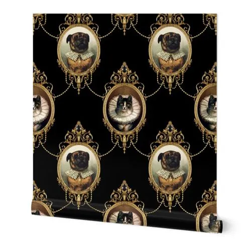 neoclassical victorian baroque rococo dogs cats mastiff bullmastiff swags medallions frames gold black collars frill filigree shabby chic romantic festoon Wallpaper: Peel and Stick