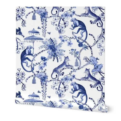 Chinoiserie - "Whimsy" - Blue and White - Large Scale Pattern Wallpaper: Peel and Stick