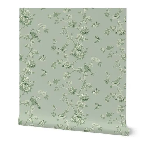 Betsy chinoiserie, green tonal, large scale Wallpaper: Peel and Stick